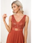 Sleeveless V-back Tulle High-Low Sequin Appliques Evening Dresses – Burnt Orange