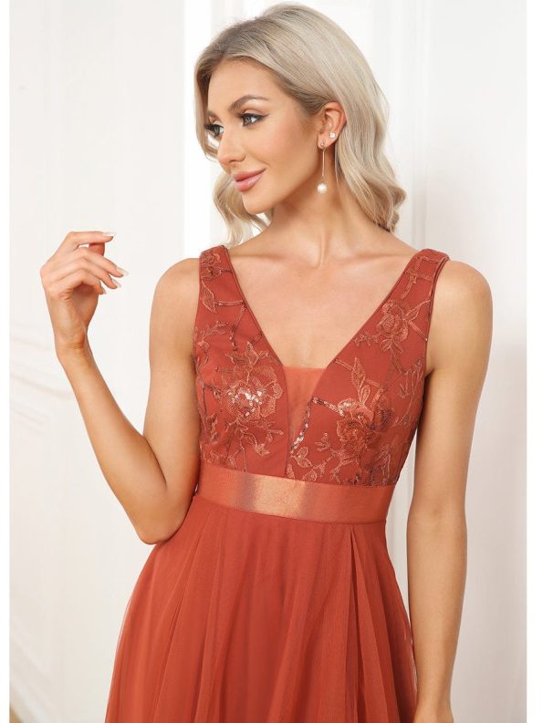 Sleeveless V-back Tulle High-Low Sequin Appliques Evening Dresses - Burnt Orange