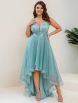 Fashion High-Low Deep V Neck Tulle Prom Dresses with Sequin Appliques – Dusty Blue