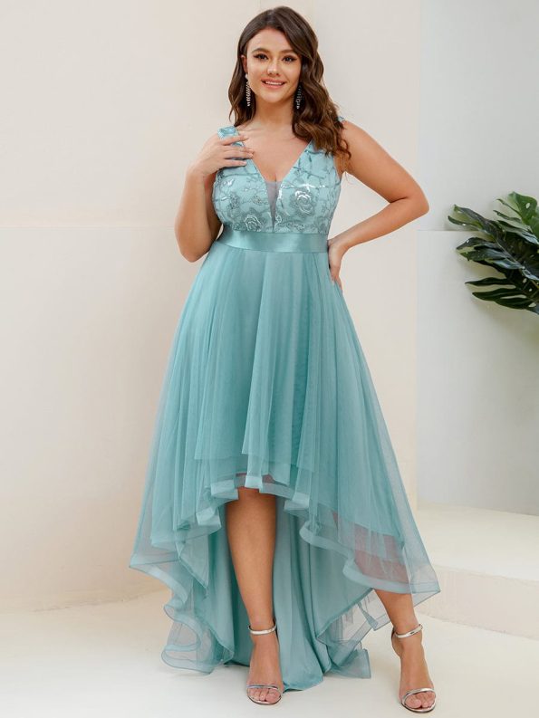 Fashion High-Low Deep V Neck Tulle Prom Dresses with Sequin Appliques - Dusty Blue