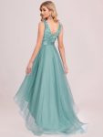 Fashion High-Low Deep V Neck Tulle Prom Dresses with Sequin Appliques – Dusty Blue