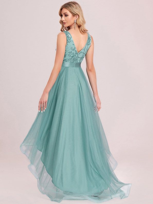 Fashion High-Low Deep V Neck Tulle Prom Dresses with Sequin Appliques - Dusty Blue