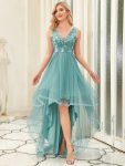 Fashion High-Low Deep V Neck Tulle Prom Dresses with Sequin Appliques - Dusty Blue