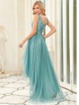 Fashion High-Low Deep V Neck Tulle Prom Dresses with Sequin Appliques – Dusty Blue