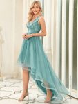 Fashion High-Low Deep V Neck Tulle Prom Dresses with Sequin Appliques – Dusty Blue