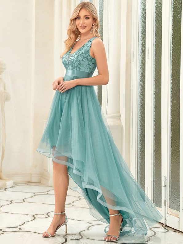 Fashion High-Low Deep V Neck Tulle Prom Dresses with Sequin Appliques - Dusty Blue