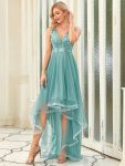 Fashion High-Low Deep V Neck Tulle Prom Dresses with Sequin Appliques – Dusty Blue