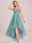 Fashion High-Low Deep V Neck Tulle Prom Dresses with Sequin Appliques – Dusty Blue