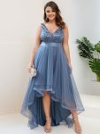 Fashion High-Low Deep V Neck Tulle Prom Dresses with Sequin Appliques – Dusty Navy