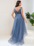 Fashion High-Low Deep V Neck Tulle Prom Dresses with Sequin Appliques – Dusty Navy