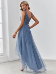 Fashion High-Low Deep V Neck Tulle Prom Dresses with Sequin Appliques – Dusty Navy