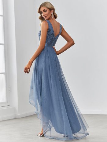 Fashion High-Low Deep V Neck Tulle Prom Dresses with Sequin Appliques - Dusty Navy