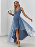 Fashion High-Low Deep V Neck Tulle Prom Dresses with Sequin Appliques – Dusty Navy