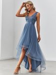 Fashion High-Low Deep V Neck Tulle Prom Dresses with Sequin Appliques – Dusty Navy