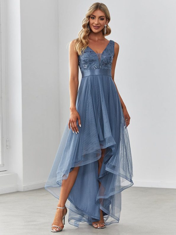 Fashion High-Low Deep V Neck Tulle Prom Dresses with Sequin Appliques - Dusty Navy