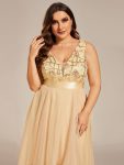 Sleeveless V-back Tulle High-Low Sequin Appliques Evening Dresses – Gold