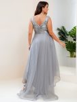 Fashion High-Low Deep V Neck Tulle Prom Dresses with Sequin Appliques – Grey