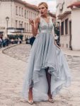 Fashion High-Low Deep V Neck Tulle Prom Dresses with Sequin Appliques – Grey