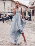 Fashion High-Low Deep V Neck Tulle Prom Dresses with Sequin Appliques – Grey