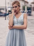 Fashion High-Low Deep V Neck Tulle Prom Dresses with Sequin Appliques – Grey