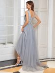 Fashion High-Low Deep V Neck Tulle Prom Dresses with Sequin Appliques – Grey