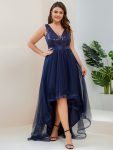 Fashion High-Low Deep V Neck Tulle Prom Dresses with Sequin Appliques – Navy Blue