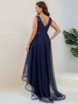 Fashion High-Low Deep V Neck Tulle Prom Dresses with Sequin Appliques – Navy Blue