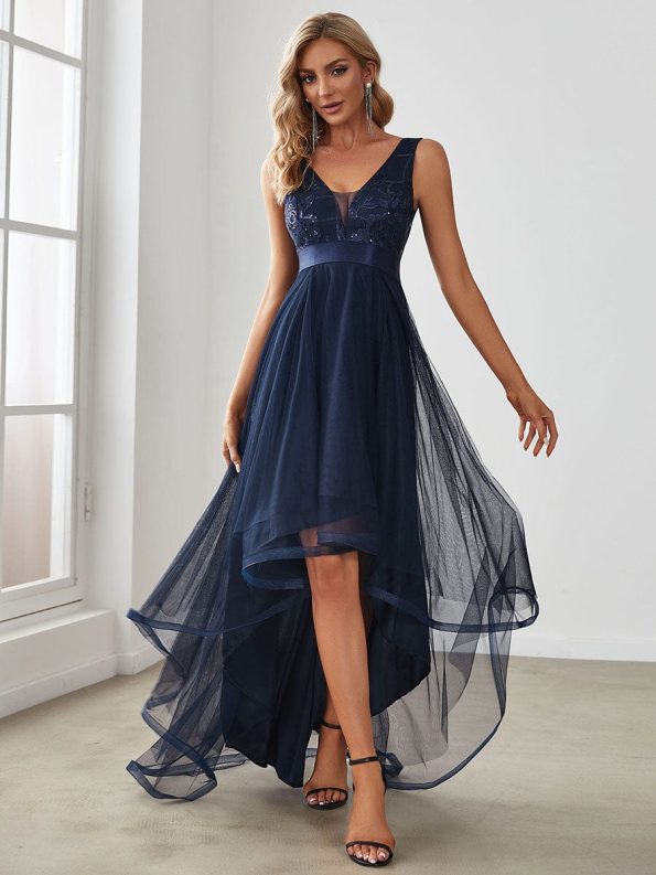 Fashion High-Low Deep V Neck Tulle Prom Dresses with Sequin Appliques - Navy Blue