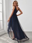 Fashion High-Low Deep V Neck Tulle Prom Dresses with Sequin Appliques – Navy Blue