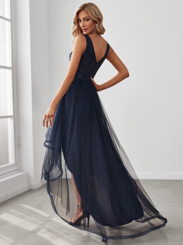 Fashion High-Low Deep V Neck Tulle Prom Dresses with Sequin Appliques - Navy Blue