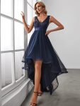 Fashion High-Low Deep V Neck Tulle Prom Dresses with Sequin Appliques – Navy Blue