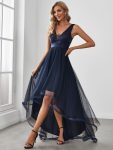 Fashion High-Low Deep V Neck Tulle Prom Dresses with Sequin Appliques – Navy Blue