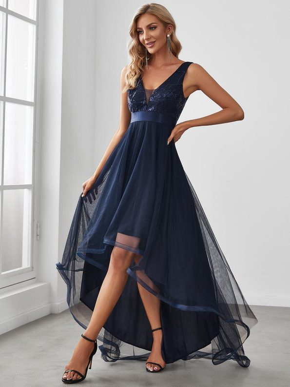 Fashion High-Low Deep V Neck Tulle Prom Dresses with Sequin Appliques - Navy Blue