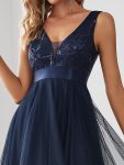 Fashion High-Low Deep V Neck Tulle Prom Dresses with Sequin Appliques – Navy Blue