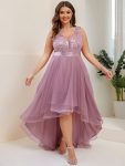 Fashion High-Low Deep V Neck Tulle Prom Dresses with Sequin Appliques – Purple Orchid