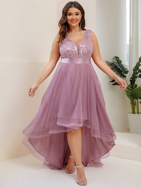 Fashion High-Low Deep V Neck Tulle Prom Dresses with Sequin Appliques - Purple Orchid