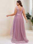 Fashion High-Low Deep V Neck Tulle Prom Dresses with Sequin Appliques – Purple Orchid