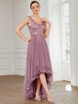 Fashion High-Low Deep V Neck Tulle Prom Dresses with Sequin Appliques – Purple Orchid