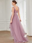 Fashion High-Low Deep V Neck Tulle Prom Dresses with Sequin Appliques – Purple Orchid