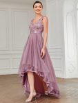 Fashion High-Low Deep V Neck Tulle Prom Dresses with Sequin Appliques – Purple Orchid