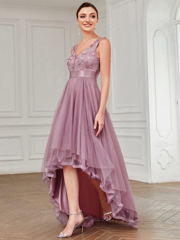 Fashion High-Low Deep V Neck Tulle Prom Dresses with Sequin Appliques - Purple Orchid