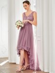 Fashion High-Low Deep V Neck Tulle Prom Dresses with Sequin Appliques – Purple Orchid