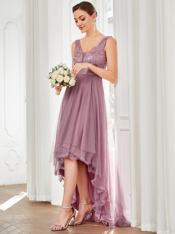 Fashion High-Low Deep V Neck Tulle Prom Dresses with Sequin Appliques - Purple Orchid