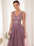 Fashion High-Low Deep V Neck Tulle Prom Dresses with Sequin Appliques – Purple Orchid