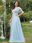 Double V Neck Long Lace Evening Dress with Ruffle Sleeves – Sky Blue