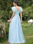 Double V Neck Long Lace Evening Dress with Ruffle Sleeves – Sky Blue