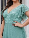 Double V Neck Long Lace Evening Dress with Ruffle Sleeves – Dusty Blue