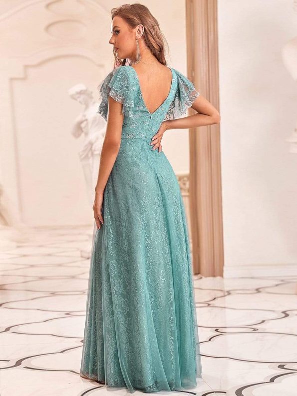 Double V Neck Long Lace Evening Dress with Ruffle Sleeves - Dusty Blue
