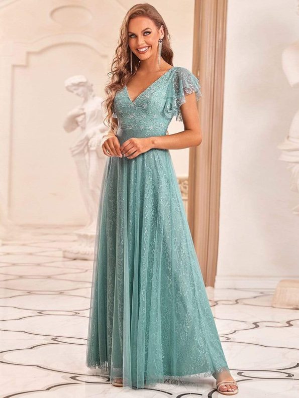 Double V Neck Long Lace Evening Dress with Ruffle Sleeves - Dusty Blue