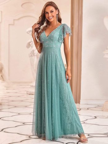 Double V Neck Long Lace Evening Dress with Ruffle Sleeves - Dusty Blue